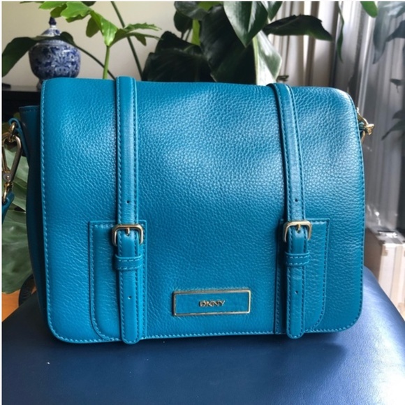DKNY turquoise blue real leather structured shoulder crossbody bag EUC (as new) - Picture 1 of 15